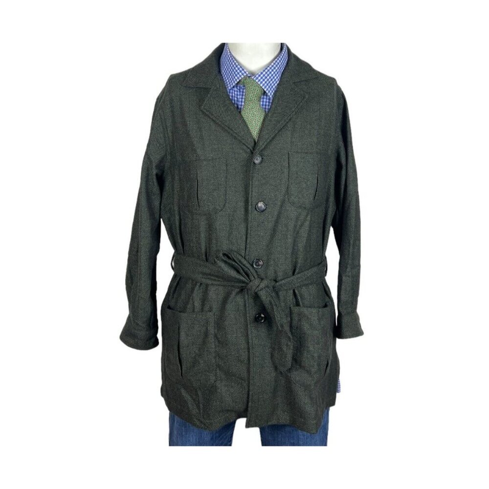 De Petrillo Jacket Cashmere Blend Buttons Green Herringbone Belted Men's 42R Nic